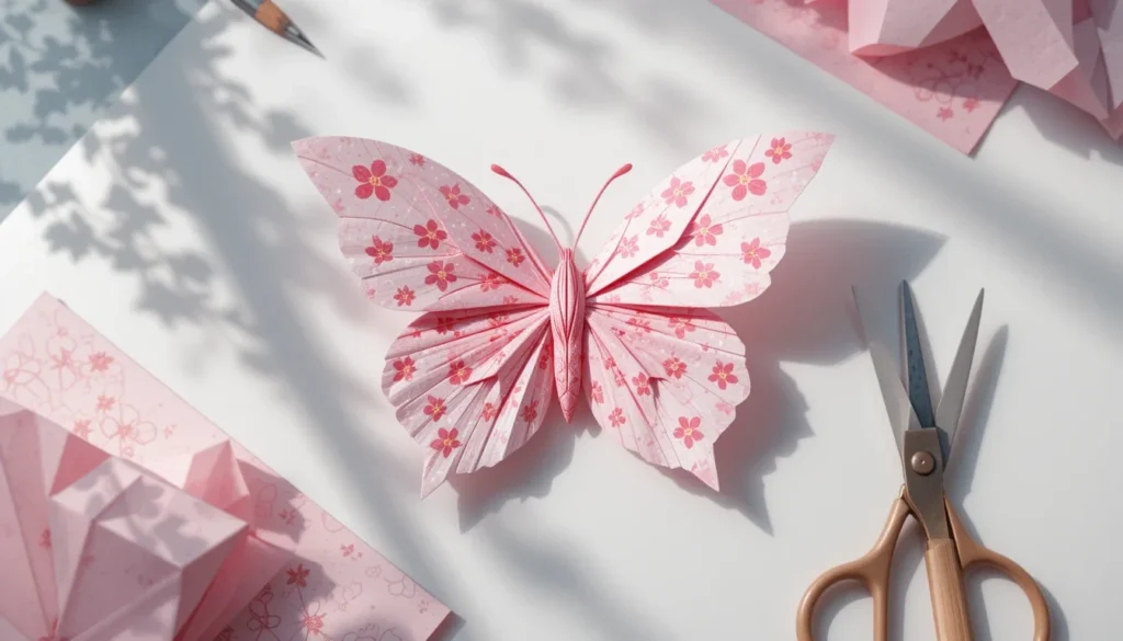 How to Make a Beautiful Butterfly Origami – Step-by-Step Paper Craft Tutorial 2 A pink floral paper butterfly resting on a clean white desk with crafting tools in the background