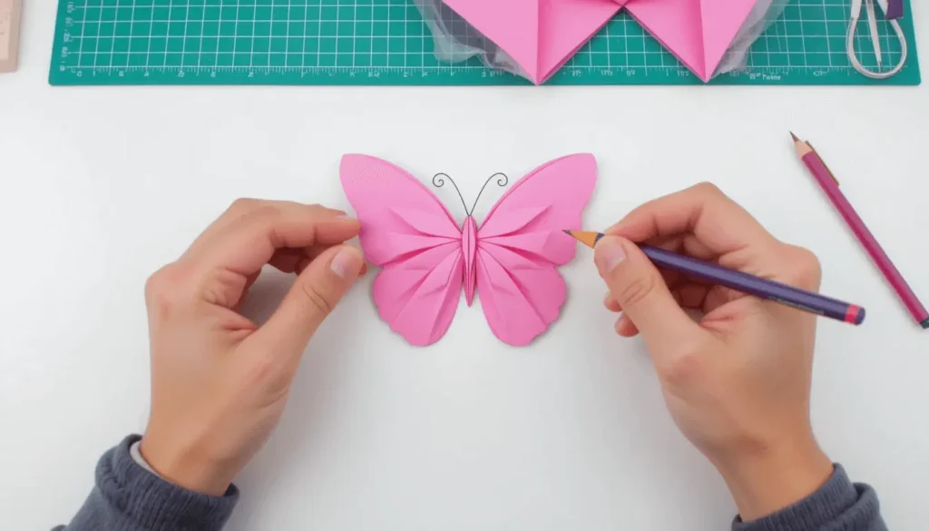 How to Make a Beautiful Butterfly Origami – Step-by-Step Paper Craft Tutorial 6 Drawing butterfly shape on folded origami paper