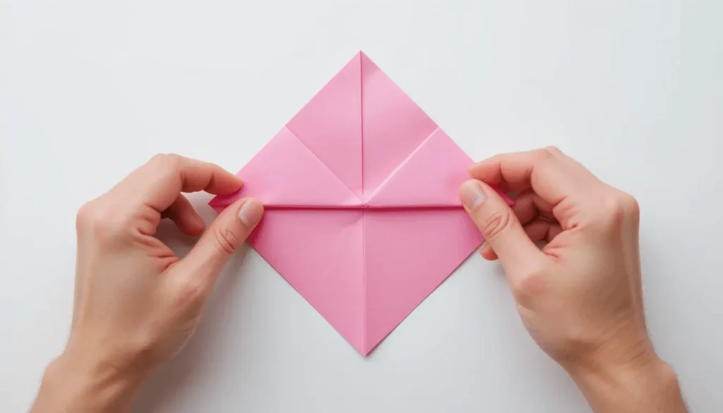 How to Make a Beautiful Butterfly Origami – Step-by-Step Paper Craft Tutorial 4 Hands folding pink paper into a triangle