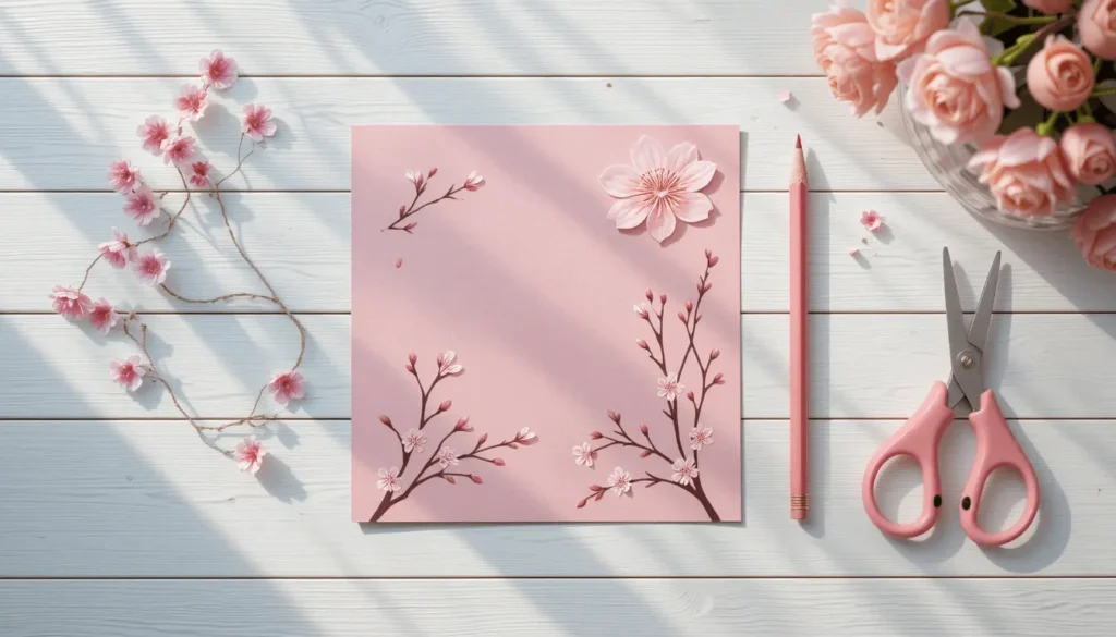 How to Make a Beautiful Butterfly Origami – Step-by-Step Paper Craft Tutorial 3 Pink cherry blossom origami paper, scissors, and pencil on a white table